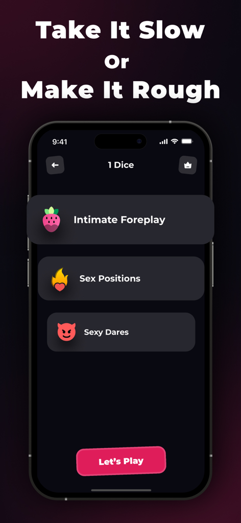 Sex Dice for Couples - XDice - XDice App-Bildschirm, der Intimitätsspielkategorien für Paare zeigt