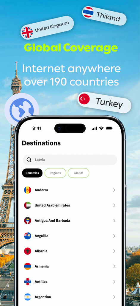 Burj - Unlimited Travel eSIM - Burj travel eSIM app screen showing global coverage in over 190 countries with a list of destination countries