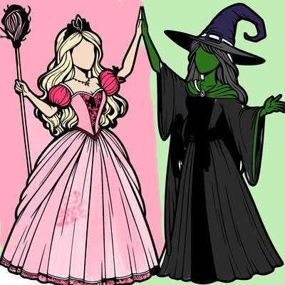 detailed realistic split of a princess and a witch
