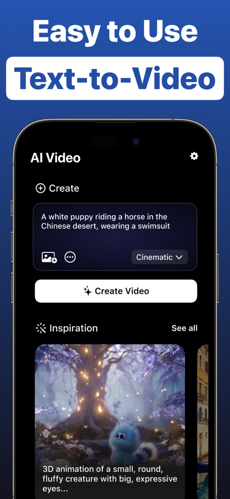 Interface of the AI Video Generator app on an iPhone showing the text-to-video creation screen with a custom prompt.