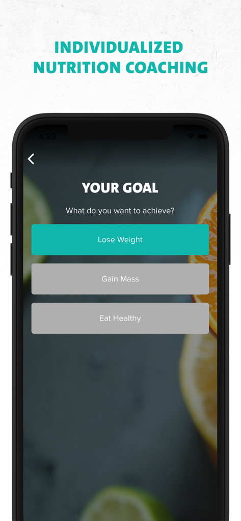 Interface de l'application Freeletics Nutrition montrant des options pour sélectionner des objectifs de santé tels que perdre du poids, prendre de la masse ou manger sainement