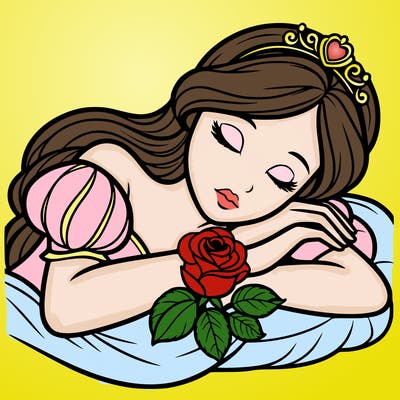 a fairytale princess sleeping with her hands crossed on her chest and a rose on her chest realistic