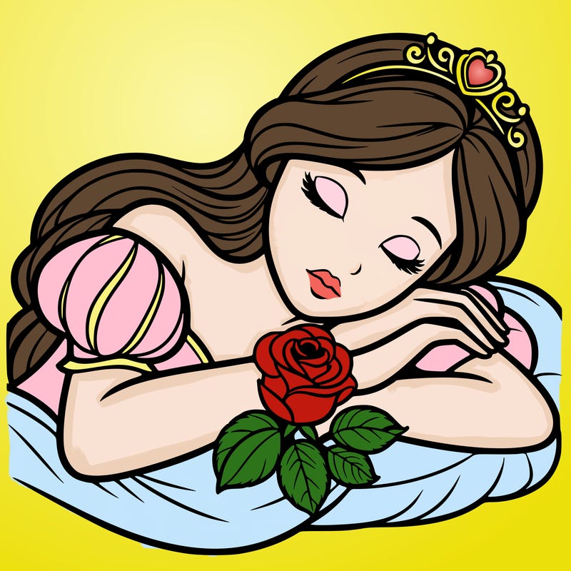 a fairytale princess sleeping with her hands crossed on her chest and a rose on her chest realistic