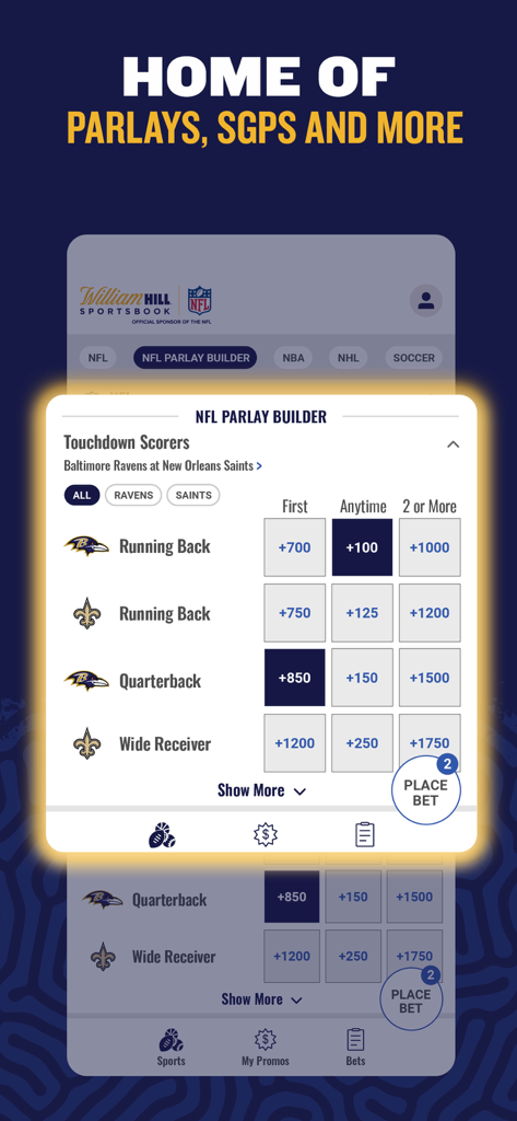 William Hill Nevada - William Hill Nevada app NFL Parlay Builder interface showing touchdown scorer betting odds