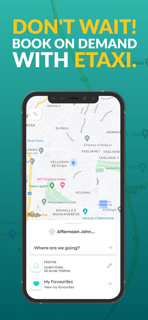ETAXI. - ETaxi mobile app interface displaying a map and destination entry for booking an electric taxi