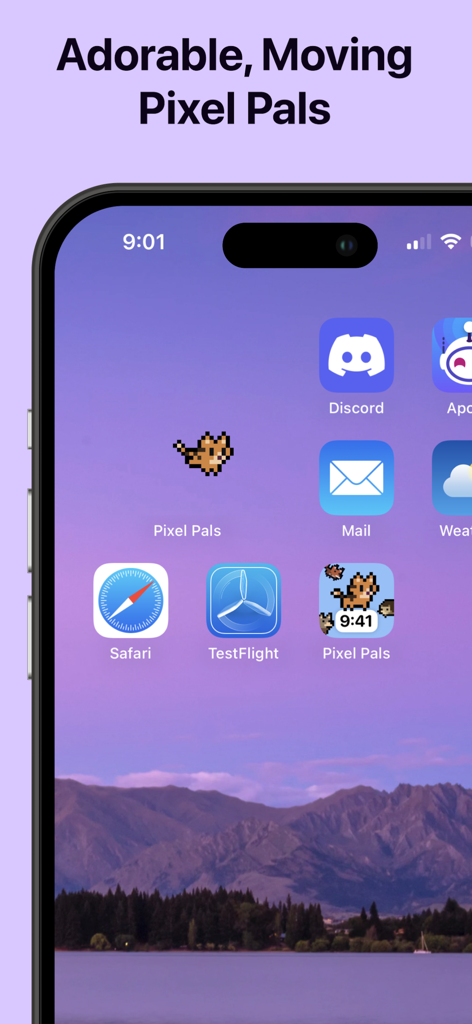 Pixelated cat walking on an iPhone home screen above the Pixel Pals app icon