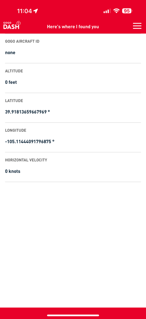 Gogo DASH (Biz Av) - Screenshot of Gogo DASH app displaying aircraft location data including altitude latitude and longitude