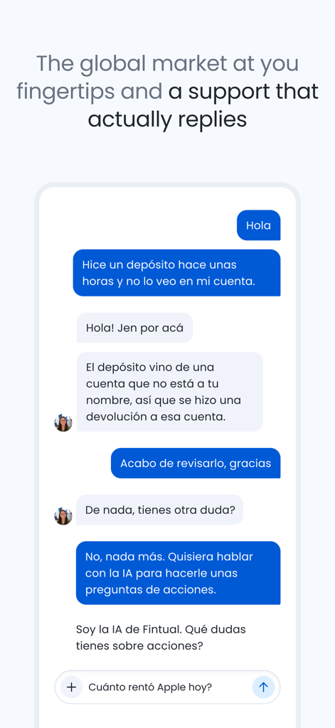 Fintual: Invierte y ahorra - Screenshot der Fintual App Chat-Oberfläche zeigt ein Gespräch mit einem menschlichen Support-Mitarbeiter und einem KI-Assistenten über Investitionen.
