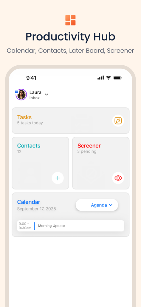 タスク、連絡先、スクリーナー、カレンダーアジェンダのタイルが表示されたProductivity Hub（生産性ハブ）のBlue Mailアプリインターフェース。