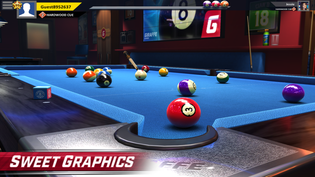A 3D perspective view of a pool table with colorful balls in the Pool Stars mobile game.
