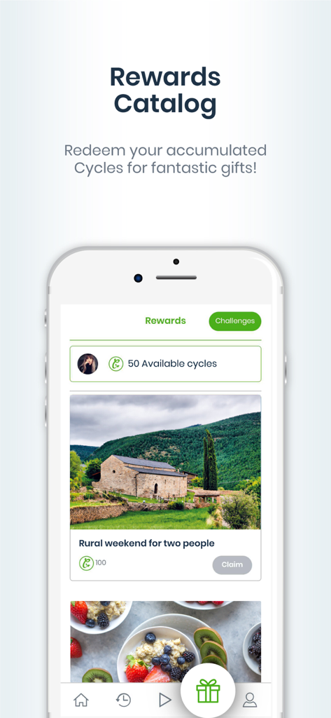 Ciclogreen app rewards catalog screen showing available cycles and gifts like a rural weekend getaway
