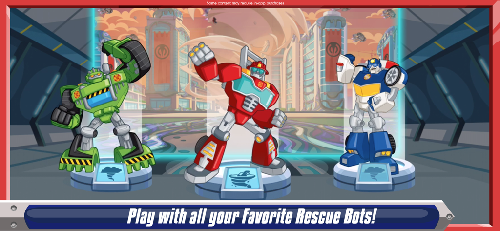 Transformers Rescue Bots: Dash - Three Transformers Rescue Bots characters standing on platforms in a futuristic city