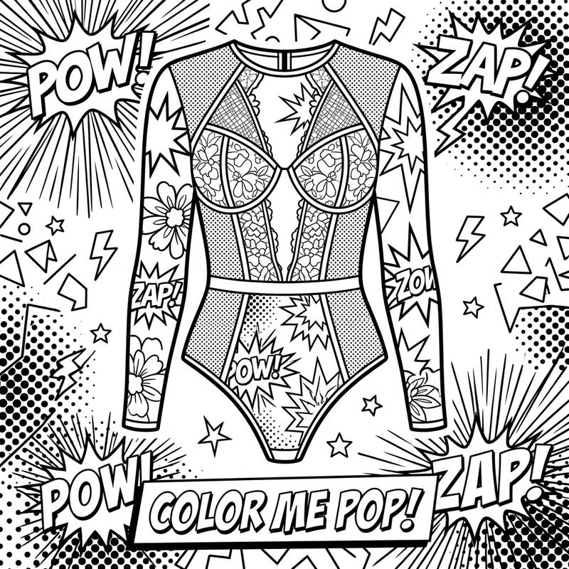 Dive into the vibrant world of Pop Art with this unique bodysuit coloring page. Featuring intricate lace patterns, bold comic book exclamations like 'POW!' and 'ZAP!', and playful halftone dots, this design offers a super fun coloring challenge.