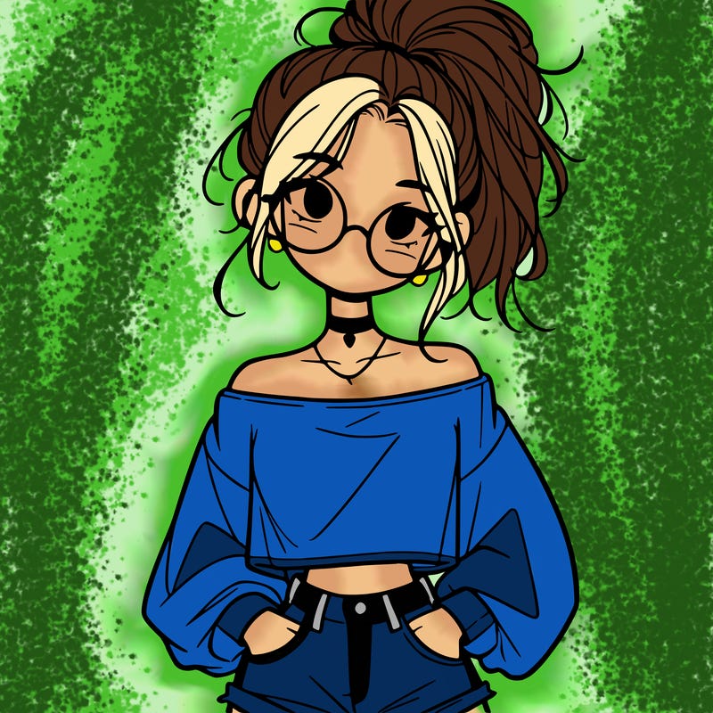 girl with a messy ponytail glasses a baggy crop top and jean shorts