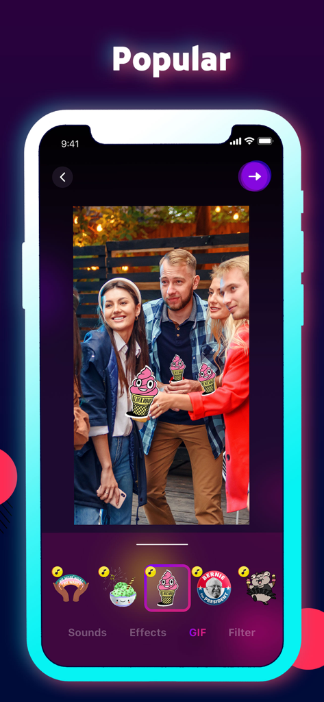 TikFamous - Vid & Music Effect - TikFamous app interface showing popular GIF stickers being added to a group photo