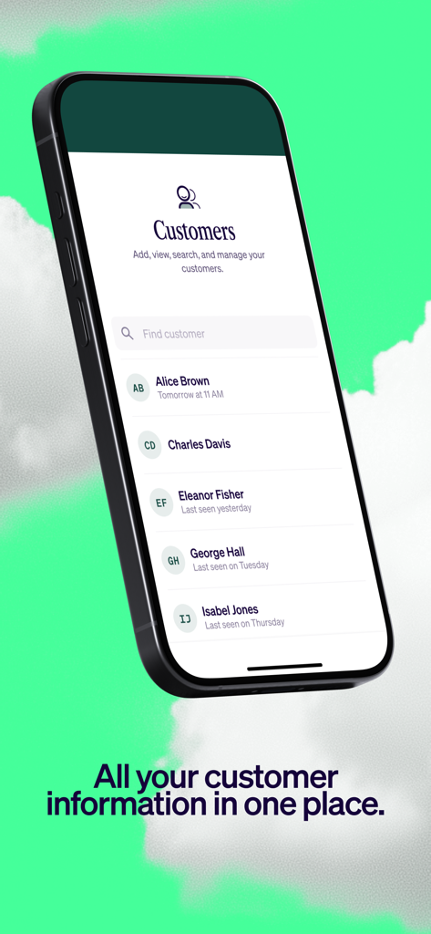 Pantalla de smartphone que muestra una lista de clientes y herramientas de gestión en la aplicación de software de reservas Vev.