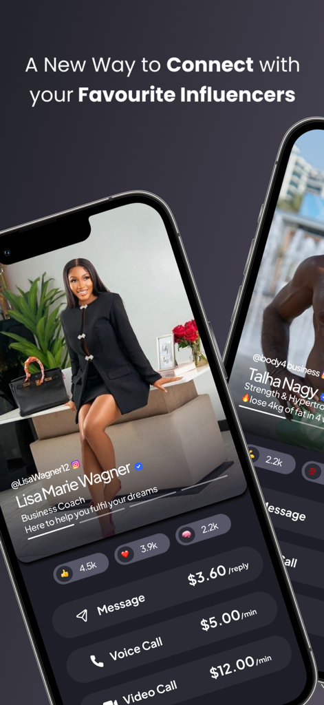 Finsta: Chats with value - Finsta mobile app interface showing influencer Lisa Marie Wagner's profile with pricing for messages, voice calls, and video calls.
