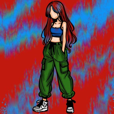 girl in baggy pants crop top and long hair