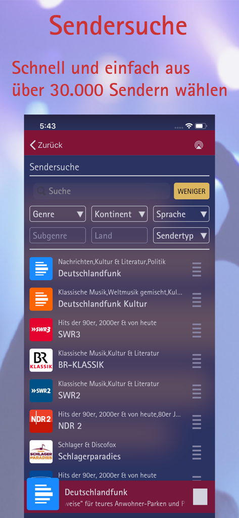 phonostar Radio - Radioplayer - Suchbildschirm der phonostar Radio App mit einer Liste von über 30.000 Sendern und Suchfiltern
