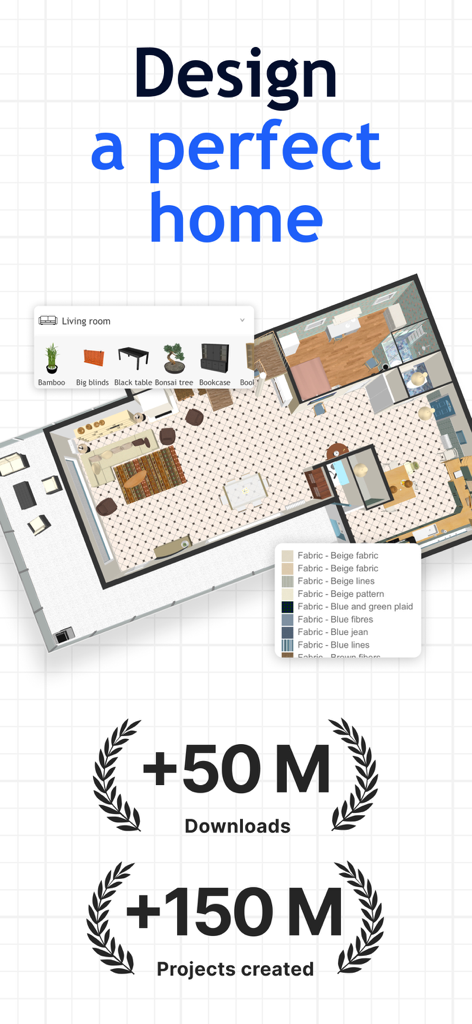 Sweet Home 3D: Plan Your House - 家具選択メニューとユーザー統計が表示された、Sweet Home 3Dアプリの2D住宅間取り図インターフェース