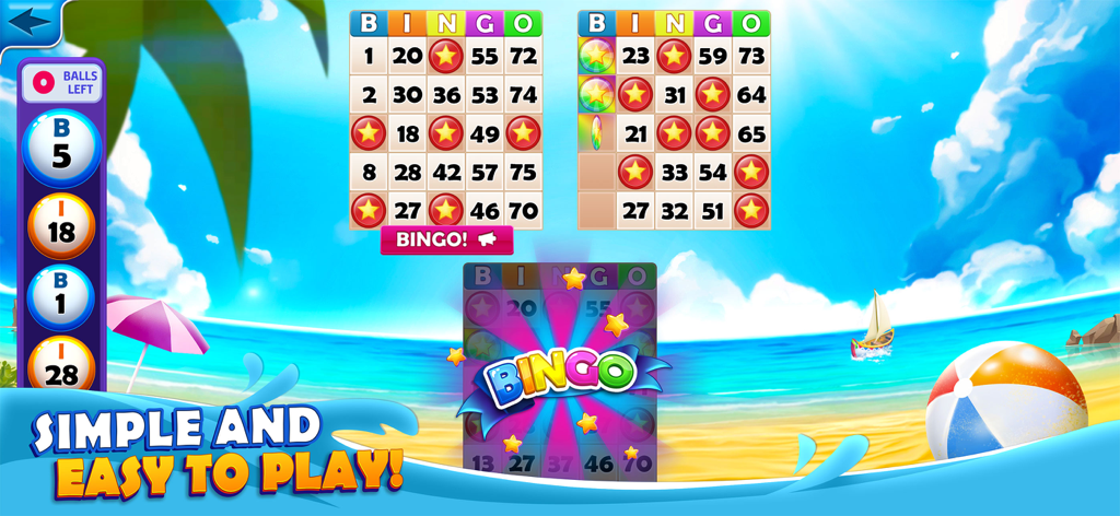 Bingo Mania™ Live Bingo Games - A simple bingo game screen with two cards on a sunny beach background.