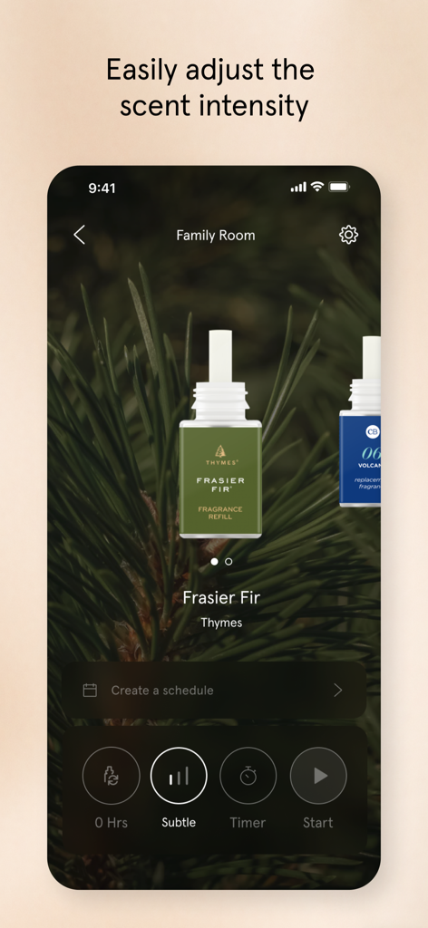 거실의 Frasier Fir 향에 대한 향기 강도 설정을 보여주는 Pura 모바일 앱 인터페이스