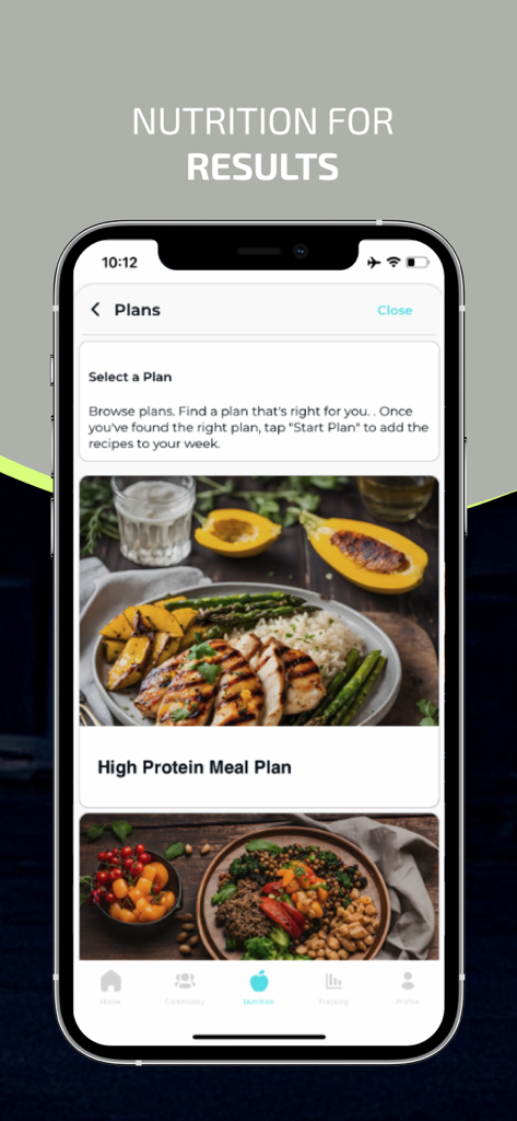 SPARC by Danyele Wilson - Pantalla de smartphone que muestra la sección de Nutrición de la aplicación SPARC con un plan de comidas alto en proteínas y fotos de comida saludable.