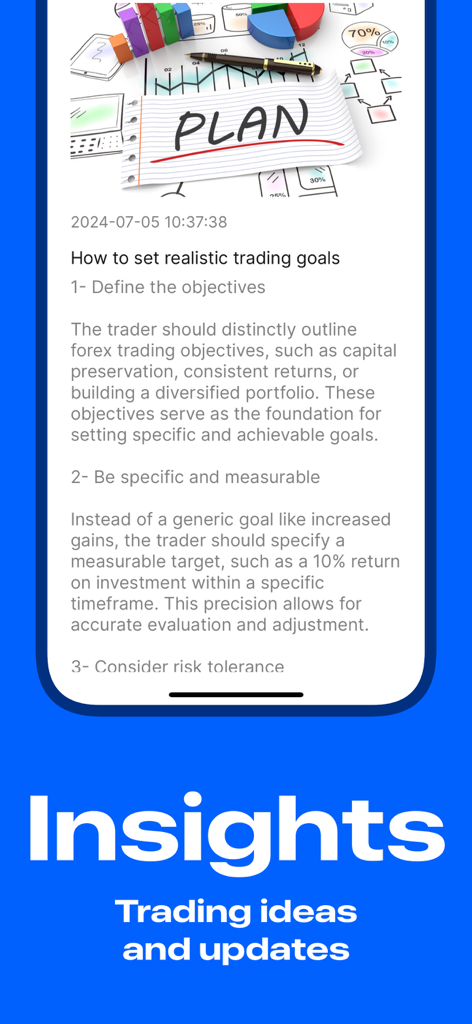 Boom & Crash - Trading Signals - Mobile app screen showing an educational article about setting realistic trading goals and risk tolerance