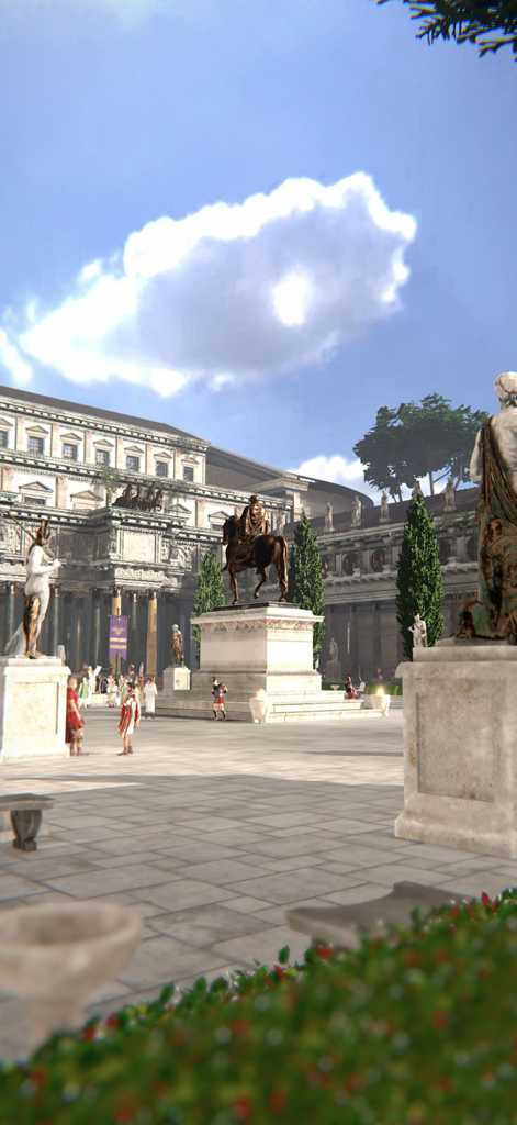Ricostruzione XR di un'antica piazza romana con statue ed edifici storici nell'app Portyl
