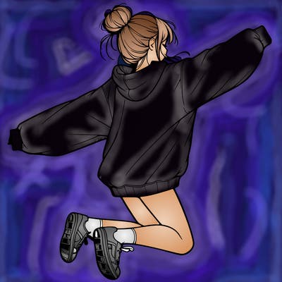 realistic girl jumping with a bun and oversized sweatshirt