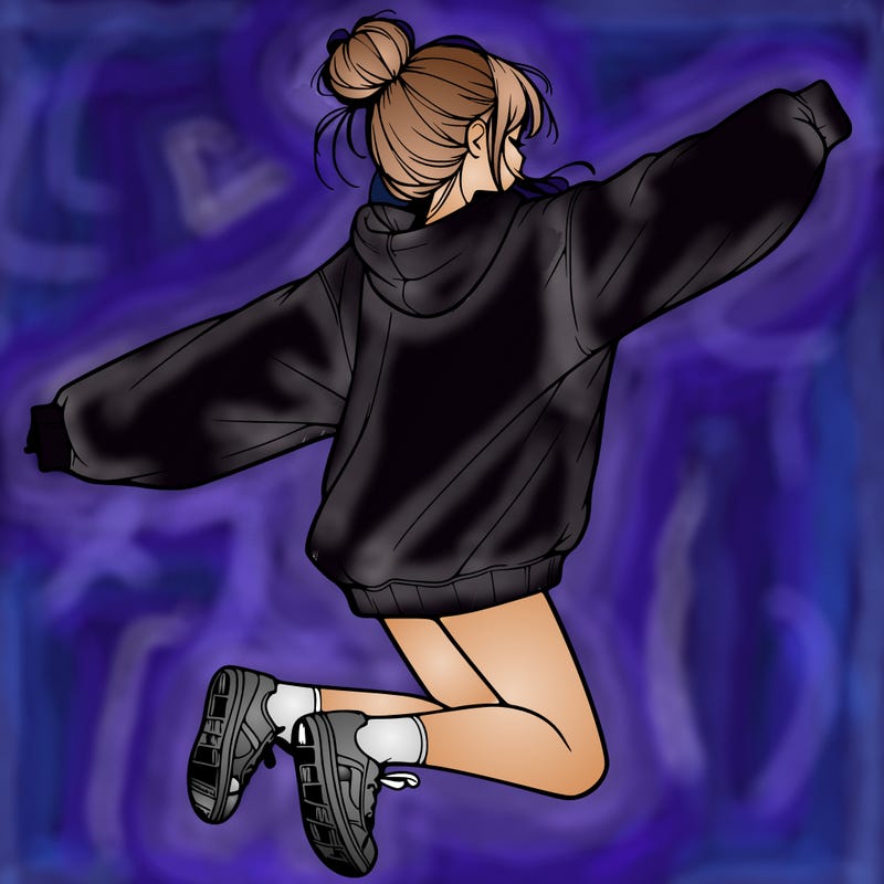 realistic girl jumping with a bun and oversized sweatshirt