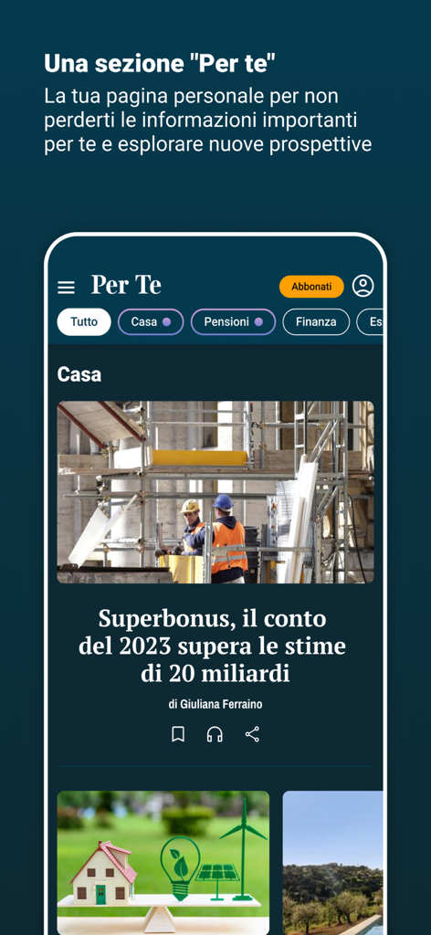 L'Economia Corriere della Sera - Personalized Per Te section in LEconomia Corriere della Sera app showing financial news and filters