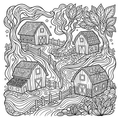 Step into a whimsical world where charming small barns meet a captivating psychedelic twist. This unique coloring page invites you to explore intricate patterns and flowing designs that transform a simple farm scene into an artistic journey.
