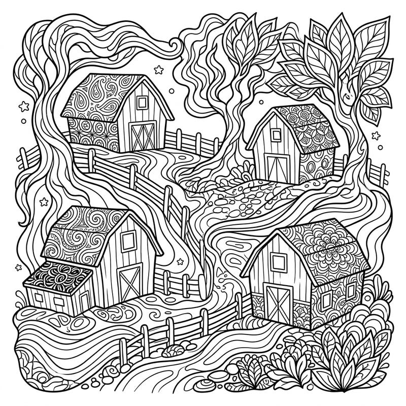 Step into a whimsical world where charming small barns meet a captivating psychedelic twist. This unique coloring page invites you to explore intricate patterns and flowing designs that transform a simple farm scene into an artistic journey.