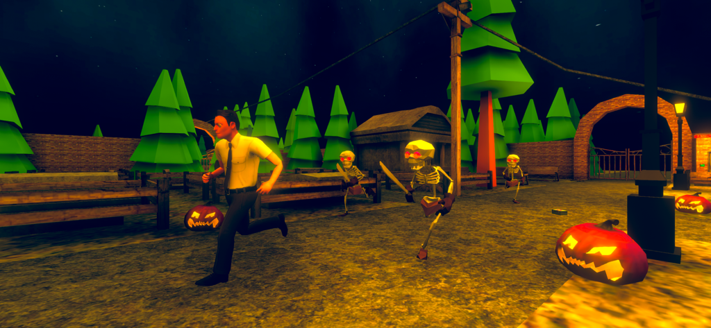 Grandpa and Granny 3: Hospital - A security guard runs away from several armed skeletons with glowing red eyes in a dark graveyard decorated with jack-o-lanterns.