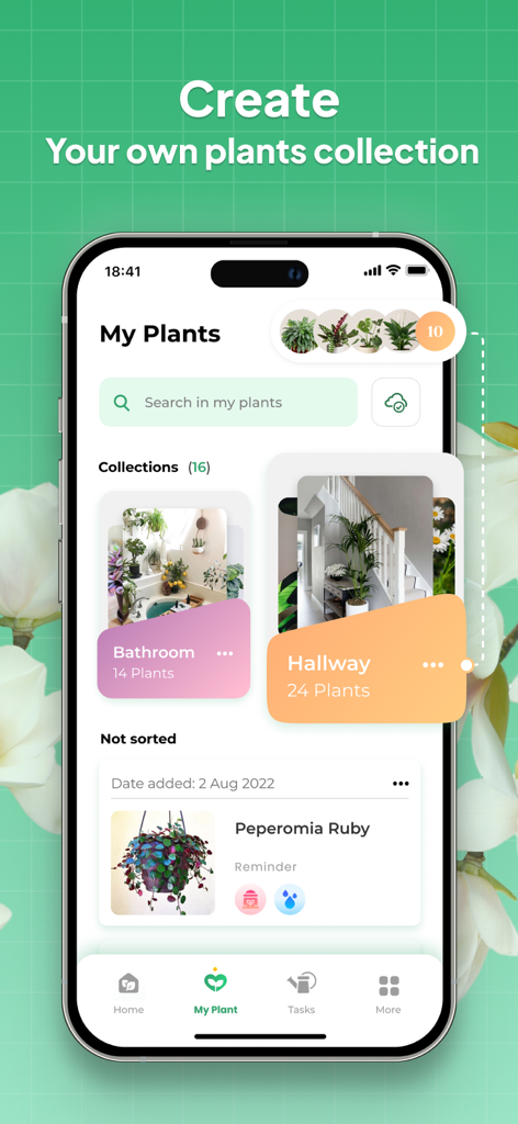 LeafSnap-Plant Identification - Interface of the LeafSnap app showing a user's personal plant collection organized by room categories like Bathroom and Hallway.