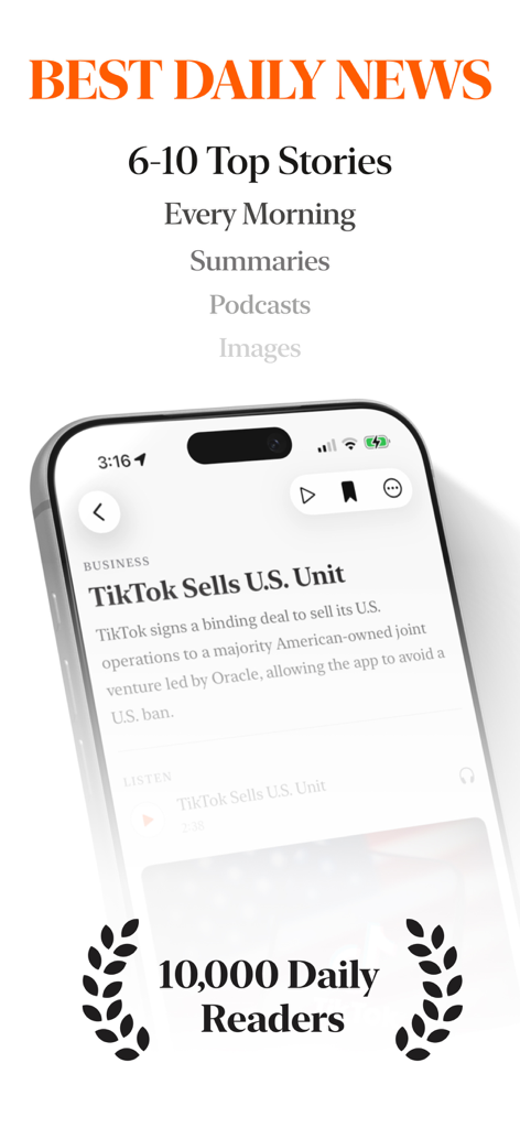 Smartphone screen showing the Quill app with top daily news stories and business summaries.