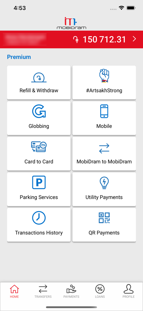 MobiDram Wallet home screen showing Armenian Dram balance and service icons for utility payments and transfers