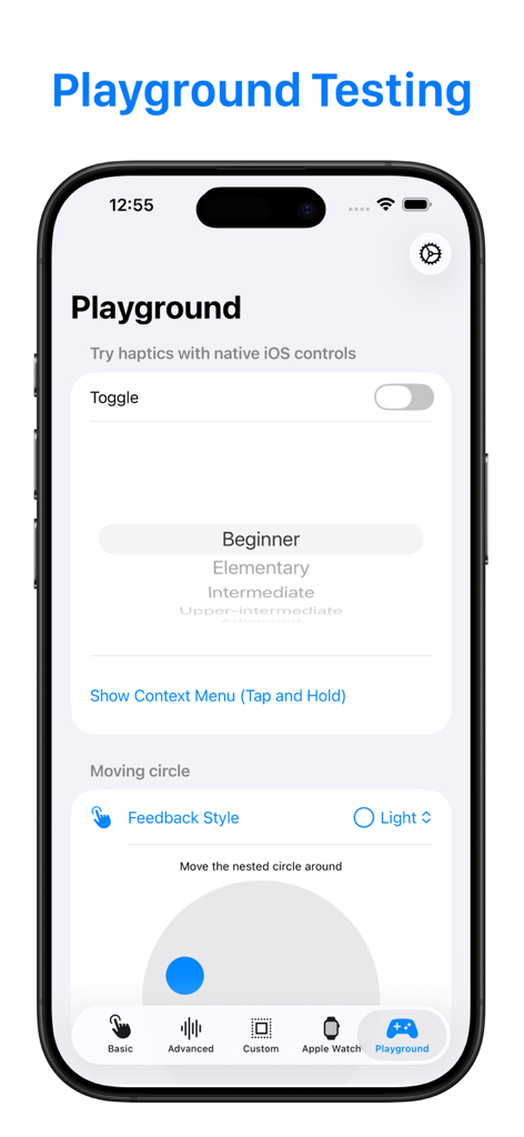 Haptic Testing: Developer Tool - Haptic Testing app Playground screen displaying native iOS controls like toggle and picker for tactile feedback testing