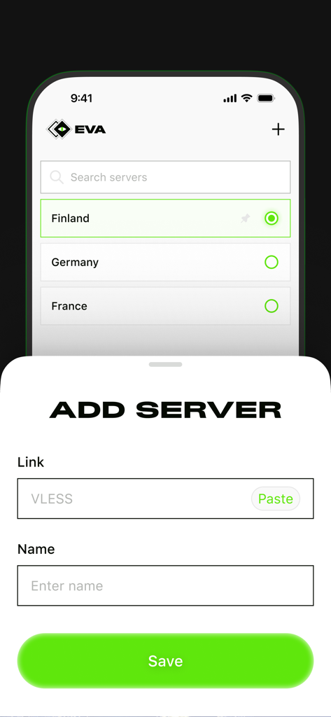 EVA VPN - Universal Proxy - Interface for adding a new VLESS protocol server in the EVA VPN app