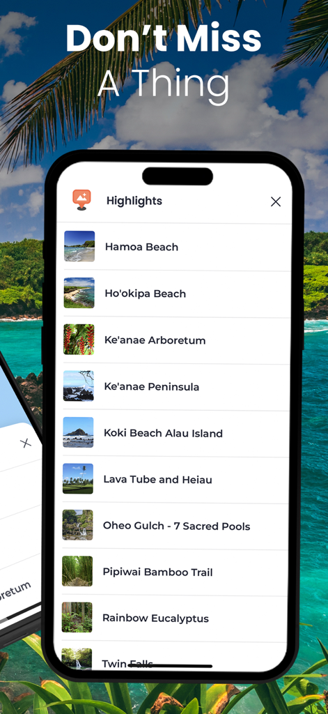 Road to Hana Maui GyPSy Guide - Smartphone screen showing the highlights list of the Road to Hana Maui GyPSy Guide app