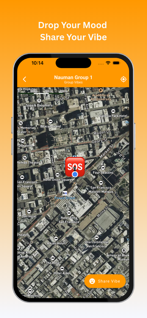WeweVibe - Local Vibe Finder - A satellite map view within the WeweVibe app showing an SOS safety pin and a share vibe button in an urban area