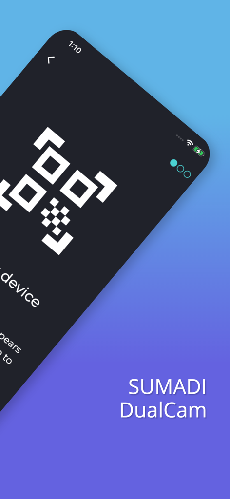 SUMADI - SUMADI DualCam mobile app interface displaying a QR code for pairing the device as a second camera