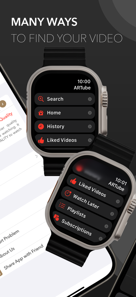 WristTube for YouTube - Apple Watch displaying WristTube app menu options for searching and managing YouTube videos.