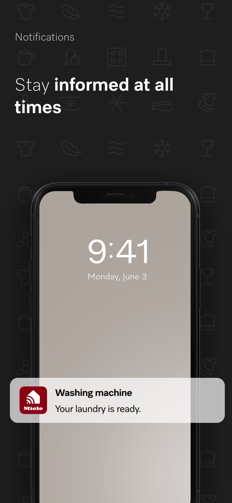 A smartphone lock screen showing a Miele app notification that the laundry is ready.