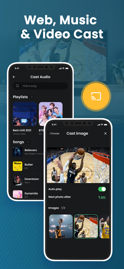 La aplicación Screen Mirroring TV Smart View muestra las funciones de transmisión de audio e imagen en el iPhone.