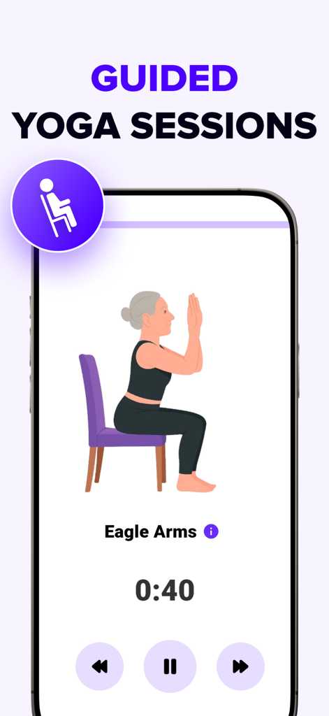 Tai Chi Walking & Chair Yoga - Sessão guiada de yoga na cadeira para idosos mostrando um exercício de braços de águia sentado