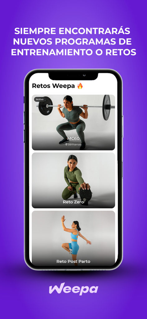 Weepa by Adriana Meaury - Interfaz de la aplicación de fitness Weepa mostrando varios programas de entrenamiento y desafíos de acondicionamiento físico.