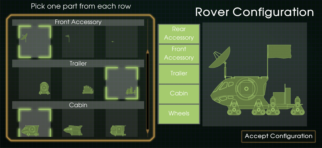 Interfaz de configuración de rover que muestra la selección de piezas para la cabina accesoria delantera y el remolque en una cuadrícula junto a una vista previa esquemática del rover.