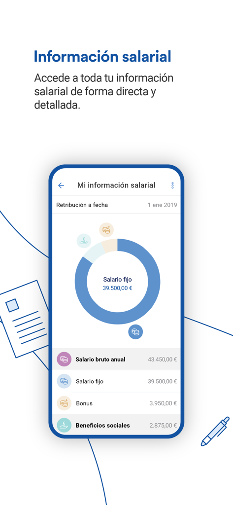 Endalia - Endalia HRアプリの画面。詳細な給与情報と報酬の内訳チャートが表示されています
